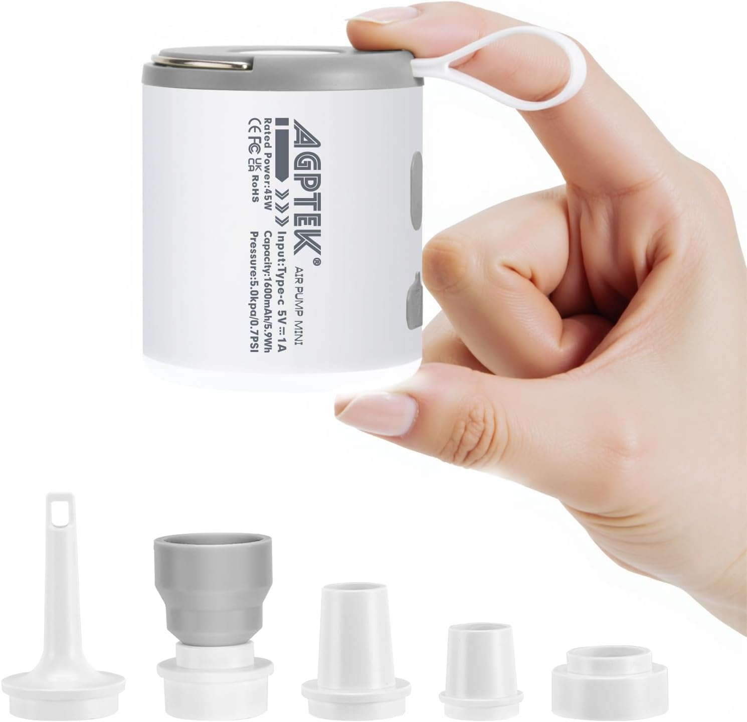 AGPTEK Air Pump for Inflatables,5.5Kpa Portable Air Pump with Led Light,1600Mah Rechargeable Battery and Magnetic Design Mini Pump Camping Light 5 Nozzles for Air Mattress, Inflatable Float