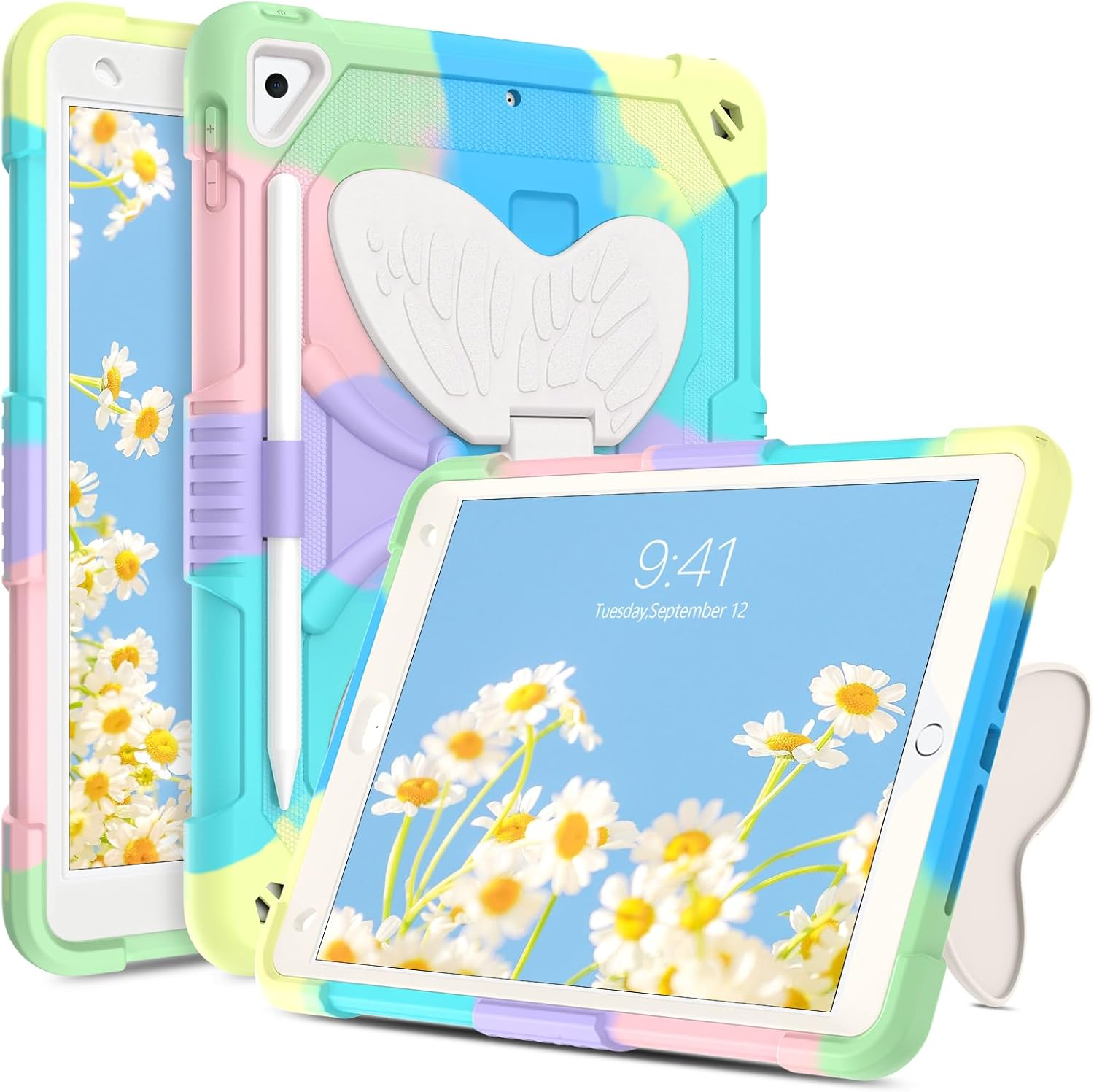 DUEDUE Ipad(A16) 11Th Generation 11 Inch 2025 Case, Ipad 10Th Generation 10.9 Inch 2022 Case, Butterfly Wings Kickstand Heavy Duty Shockproof Protective Tablet Case for Kids, Rainbow