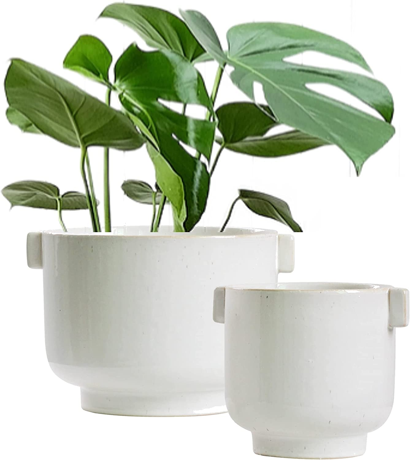 Olly & Rose Cotswolds Ceramic Plant Pot Set with Handles - Indoor & Outdoor Planters - Aged White Gloss Finish