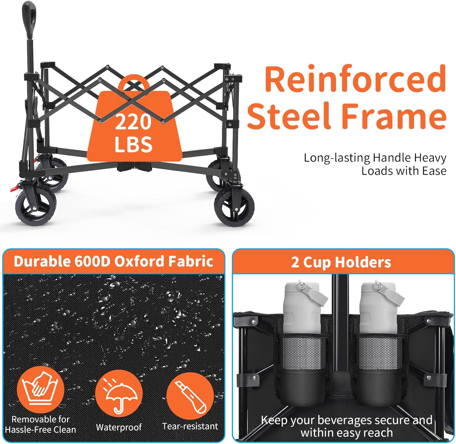 BELEEV Collapsible Wagon Cart, Heavy Duty Foldable Utility Cart with 6" All-Terrain Big Wheels, 130L Large Capacity, Side Pocket & Drink Holders for Beach Grocery Garden Camping Sports Shopping(Black) image number 6