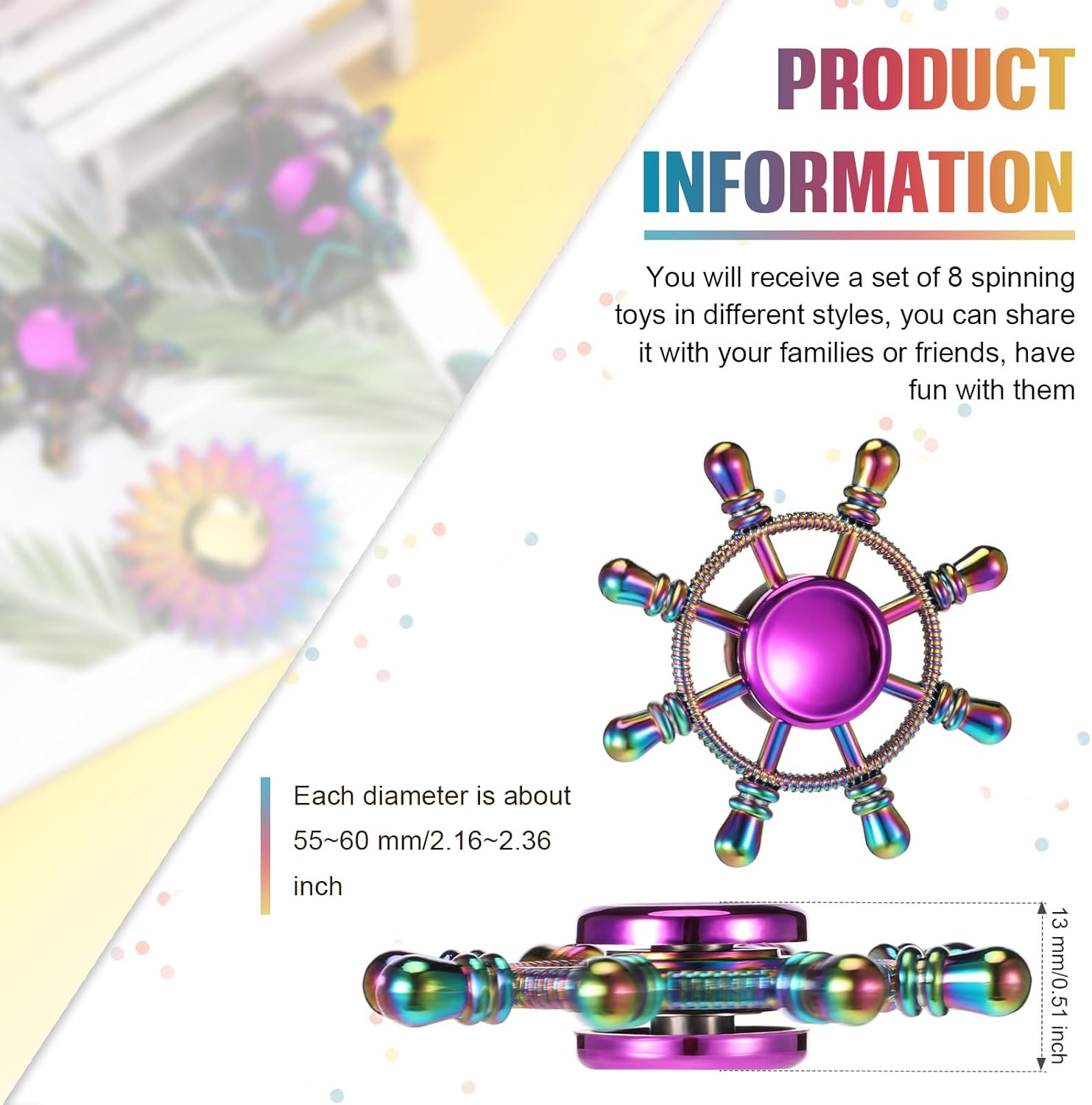 Lewtemi 8 Pieces Rainbow Fidget Metal Spinner Colorful Finger Spinners High Speed Hand Spinners Fidget Toys for Stress Anxiety Relief for Adults and Teens (Cool Style) image number 3