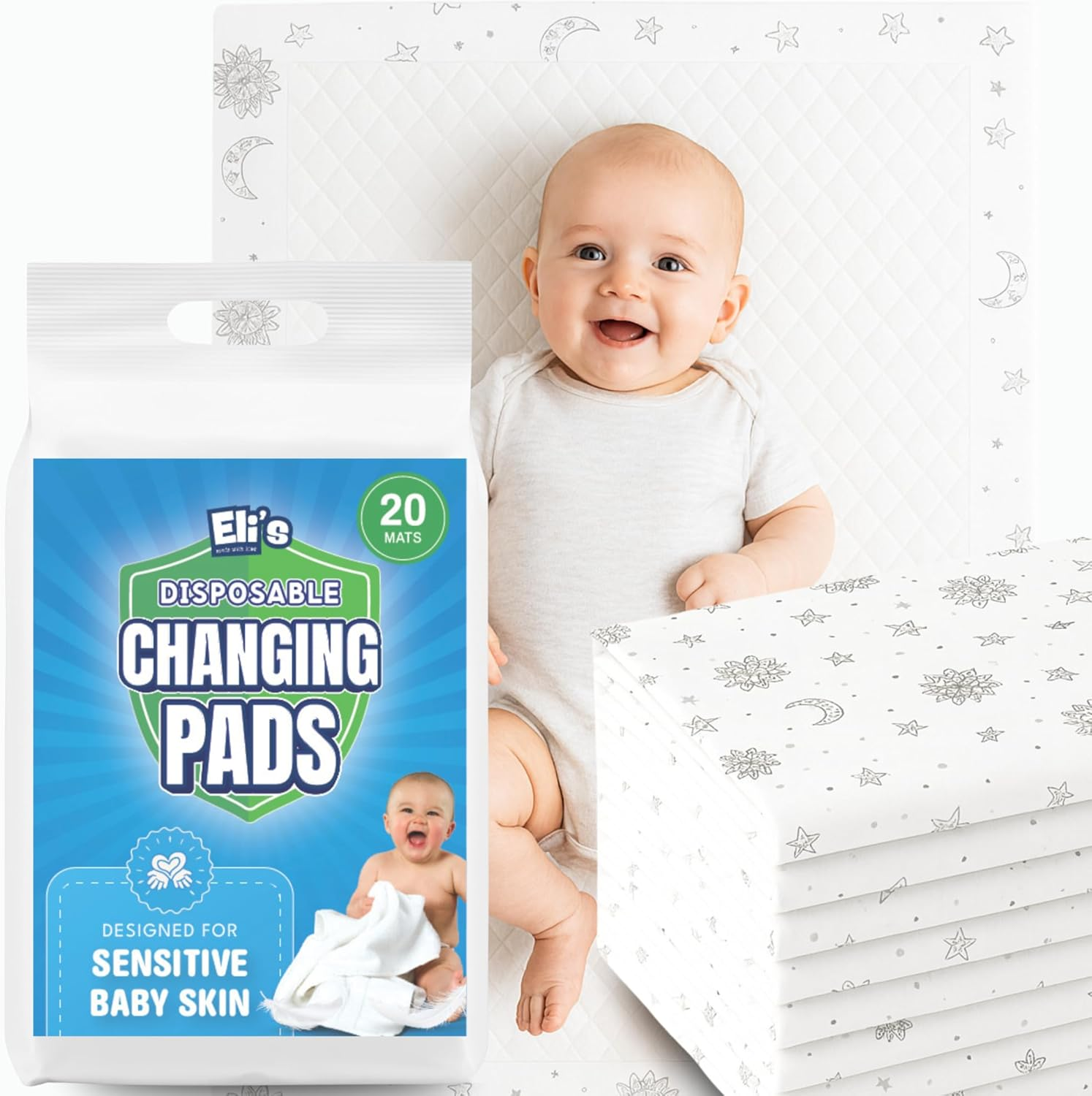 Eli with Love Disposable Baby Changing Pads - Soft, Waterproof & Leakproof Liners Absorbent Underpads - Large Travel Size Diaper Changing Mat for Home, Car, Diaper Bag - (20 Pack, Boho)