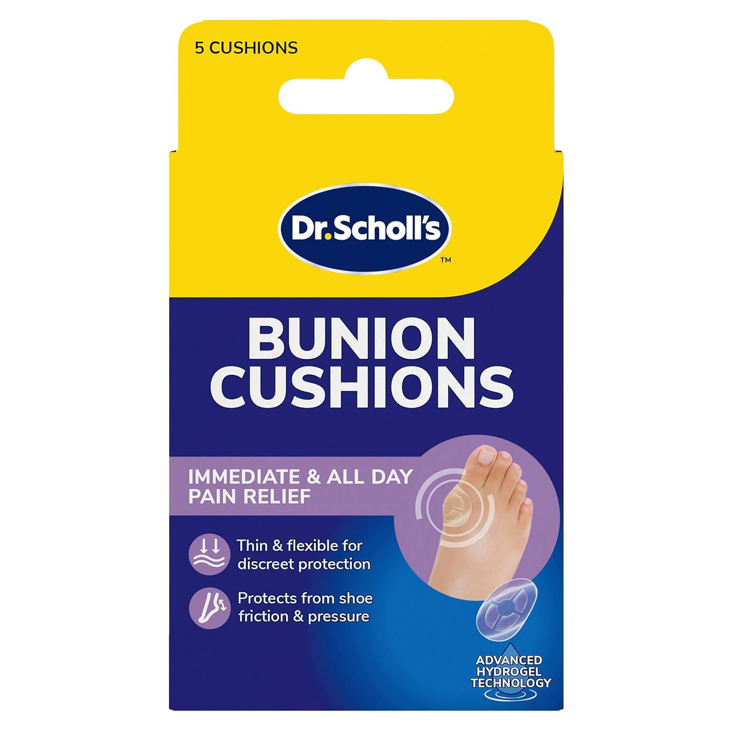 Dr. Scholl'S Bunion Cushions with Hydrogel Technology, Pack of 5 - Immediate, All-Day Bunion Pain Relief, Protects from Shoe Friction and Pressure, Thin, Flexible image number 1