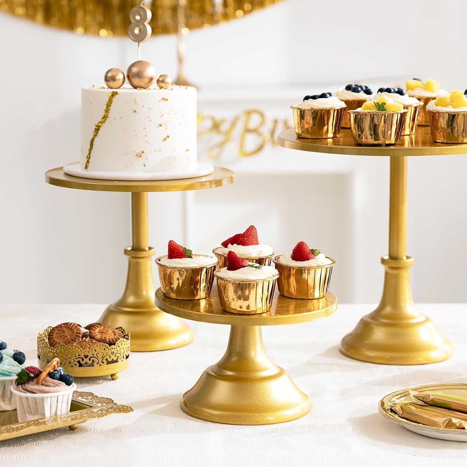 Gold Cake Metal Stands Set, round Cupcake Dessert Table Holder Platter Stand, Cake Display Serving Tower Tray for Baby Shower Wedding Birthday Party Celebration, 3Pcs Diameter 30 25 20Cm image number 2