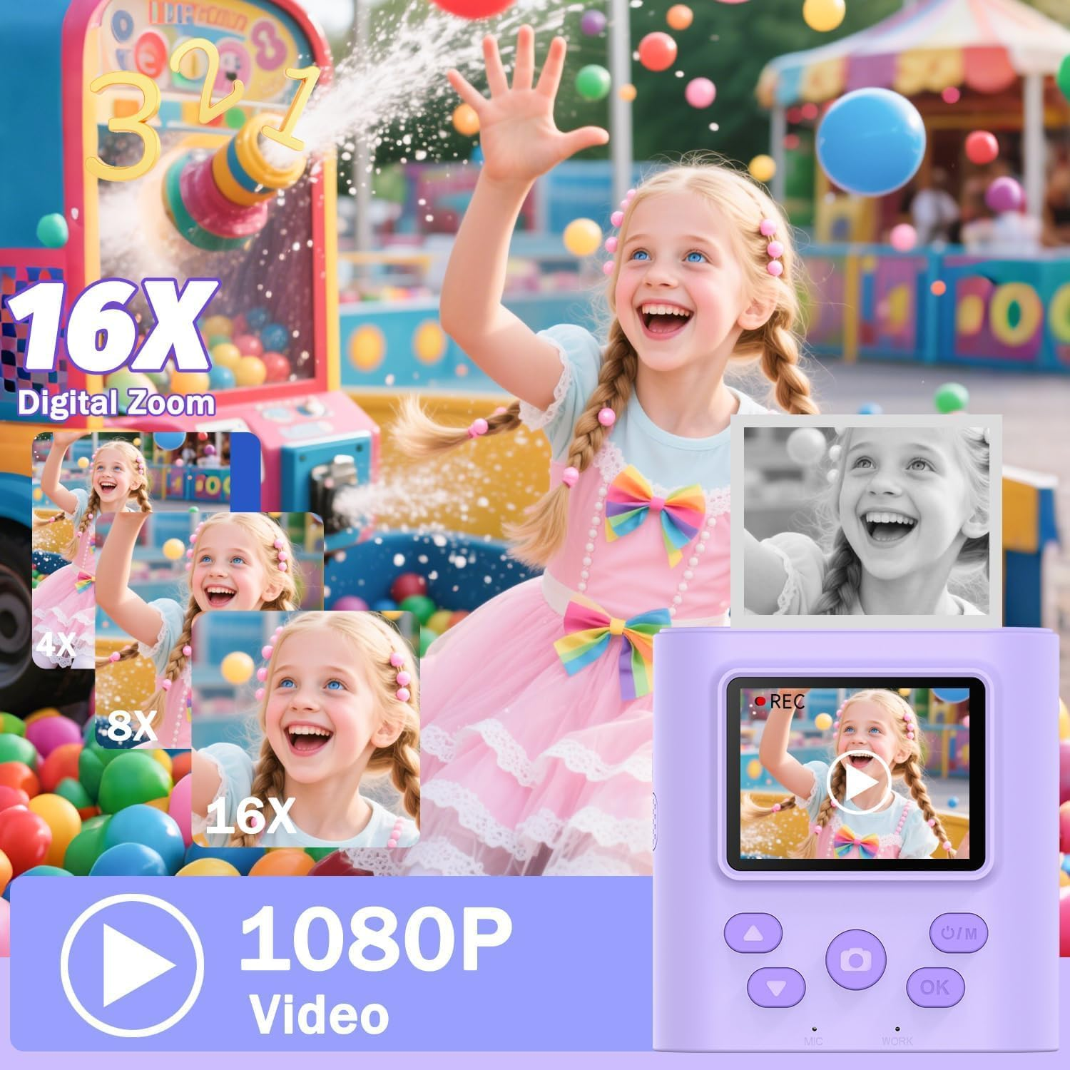 ZONEY Instant Print Camera for Kids, Birthday Gifts for Girls Boys,1080P Kids Digital Camera with Dual Camera Toys for 4 5 6 7 8 9 10 Year Old Girl with 32GB SD Card(Purple)
