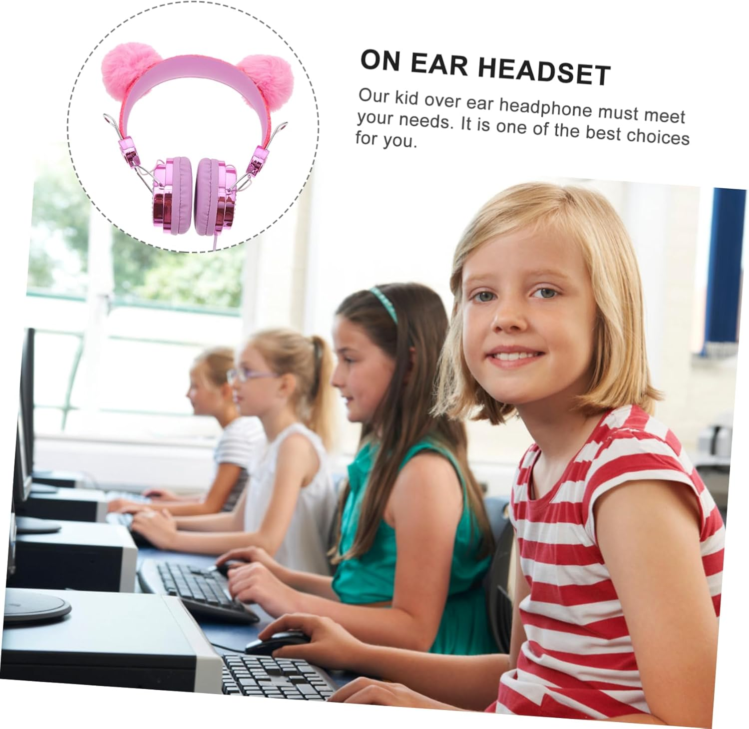 TINEASUR Children Headphones with Mic on Ear Headset for Kids Rhinestone Glitter Furry Ball Design School Travel Use Wired Headphones for Boys and Girls image number 6