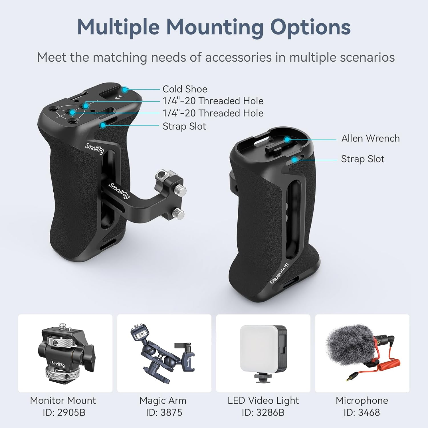 Smallrig Aluminum Side Handle for Camera Cages, Universal Ergonomic Side Handgrip with Bulit-In 1/4"-20 Locating Hole, Strap Hole, Cold Shoe, 36Mm Up/Down Adjustable - 4015 image number 5