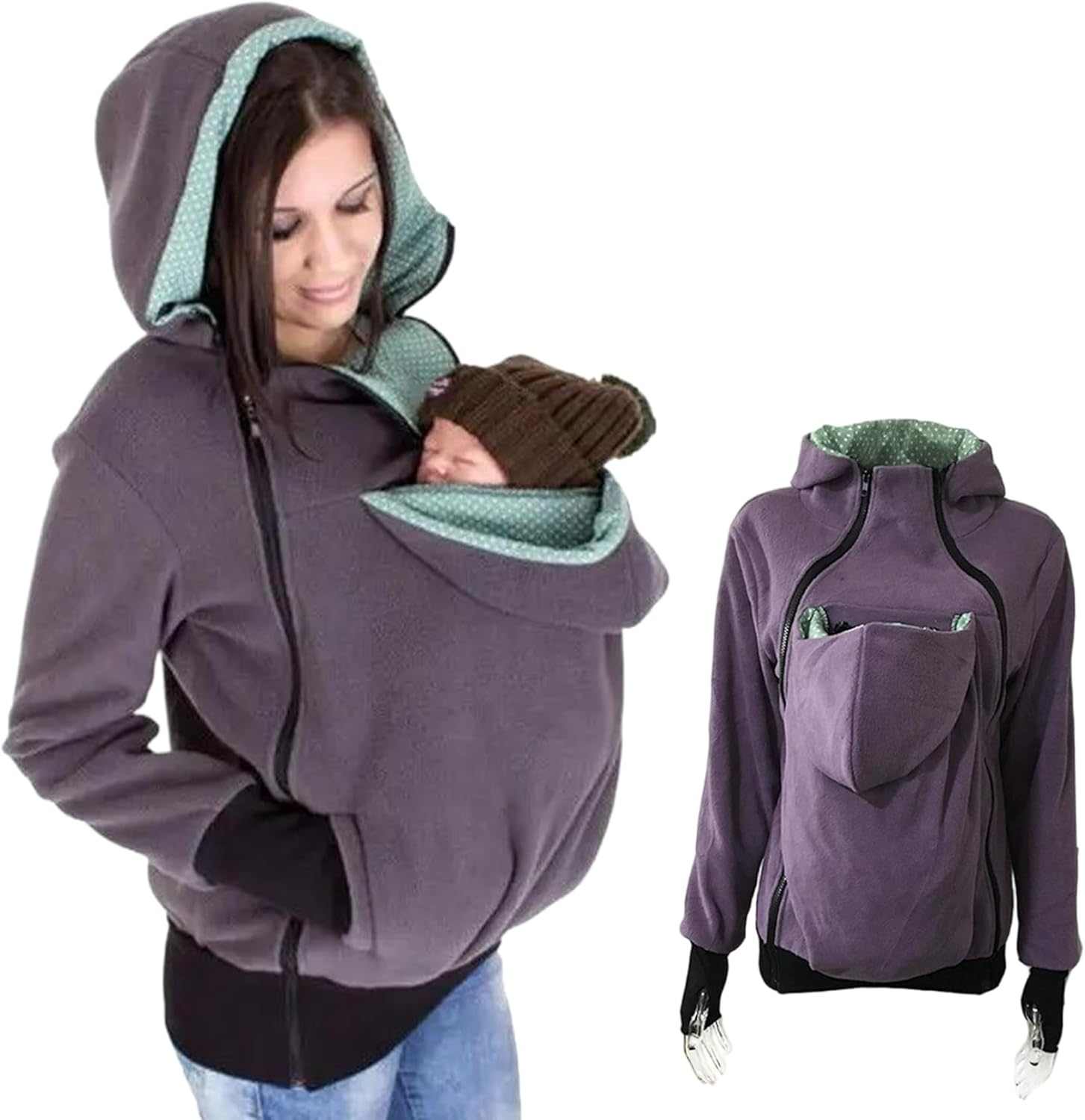Maternity Hoodie 3-In-1 Removable Kangaroo Pouch Hoodie Winter Soft Warm Baby Wearing Jacket Multifunction Cozy Maternity Jacket for Mom and Baby Light Purple image number 2
