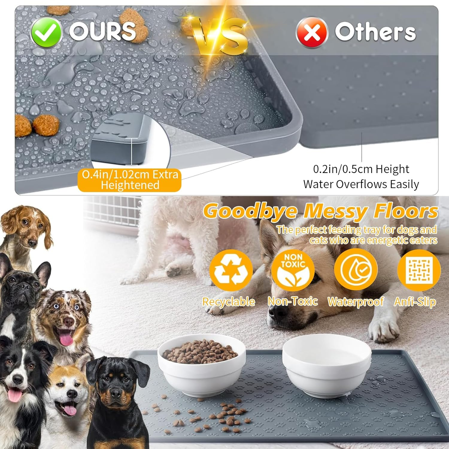 Silicone Waterproof Pet Feeding Mats - Non-Slip Dog & Cat Food Mat with Paw Pattern, Easy Clean Placemat Tray to Prevent Food/Water Residues & Overflow (Pink) image number 2