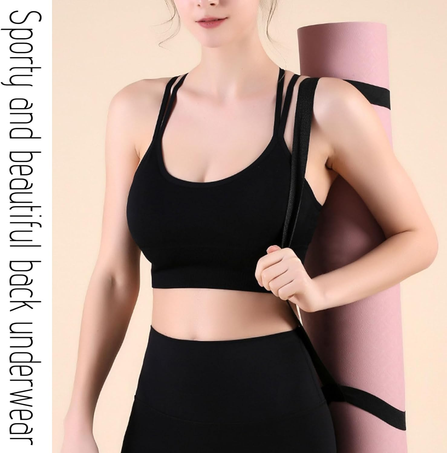 FUIPVGI Women Sports Bra Removable Pads, Seamless Comfort Women'S Strappy Back Sports Bra Athletic Wireless Wrap Chest Crop Top for Fitness Workout Exercise Yoga (Black,M) image number 6