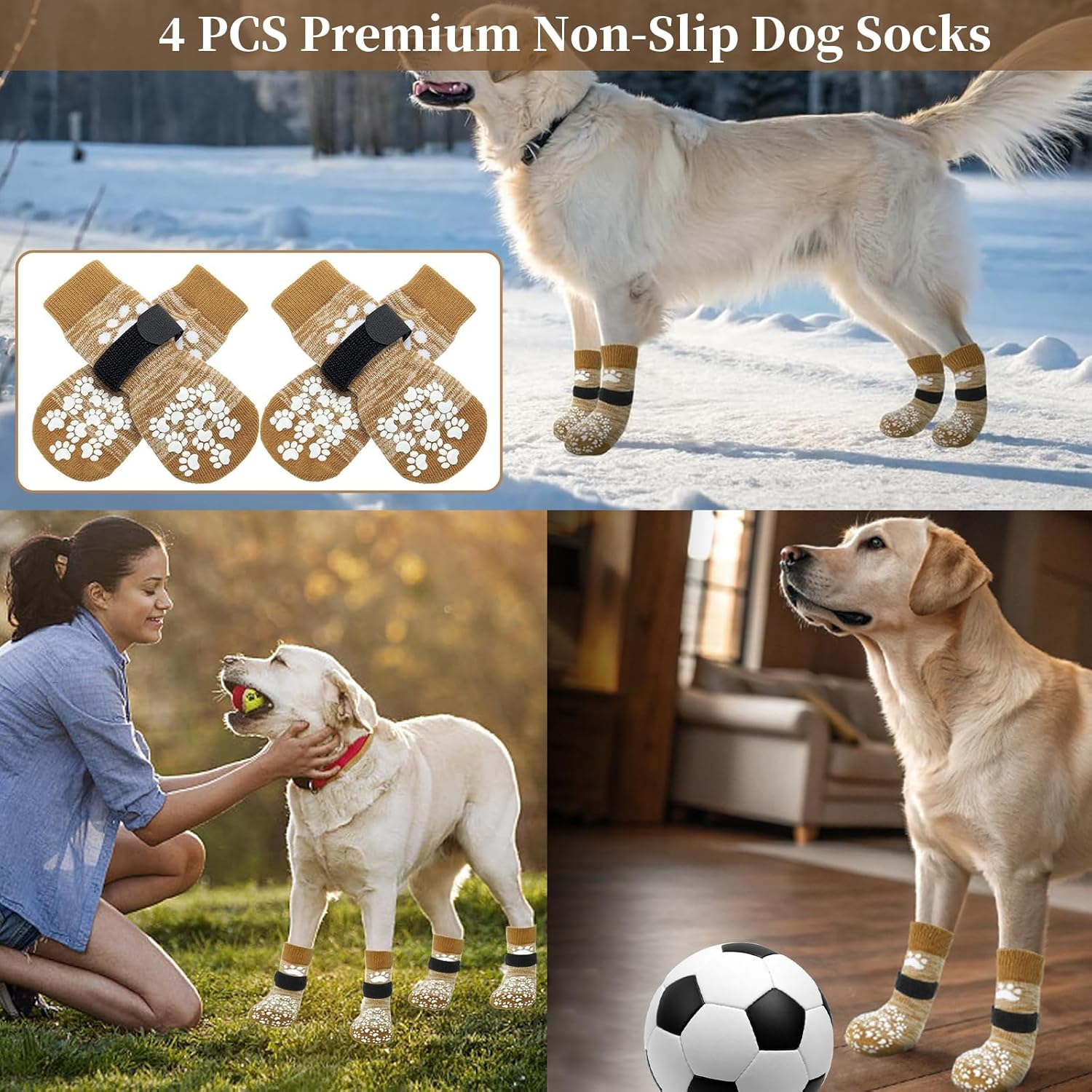 4 PCS Premium Non-Slip Dog Socks for Hardwood Floors &ndash; Anti-Slip Breathable Socks with Extra-Thick Grips & Straps&ndash; Stops Licking, Prevents Slipping & Protects Paws - Ideal for Dogs (Brown, L) image number 6