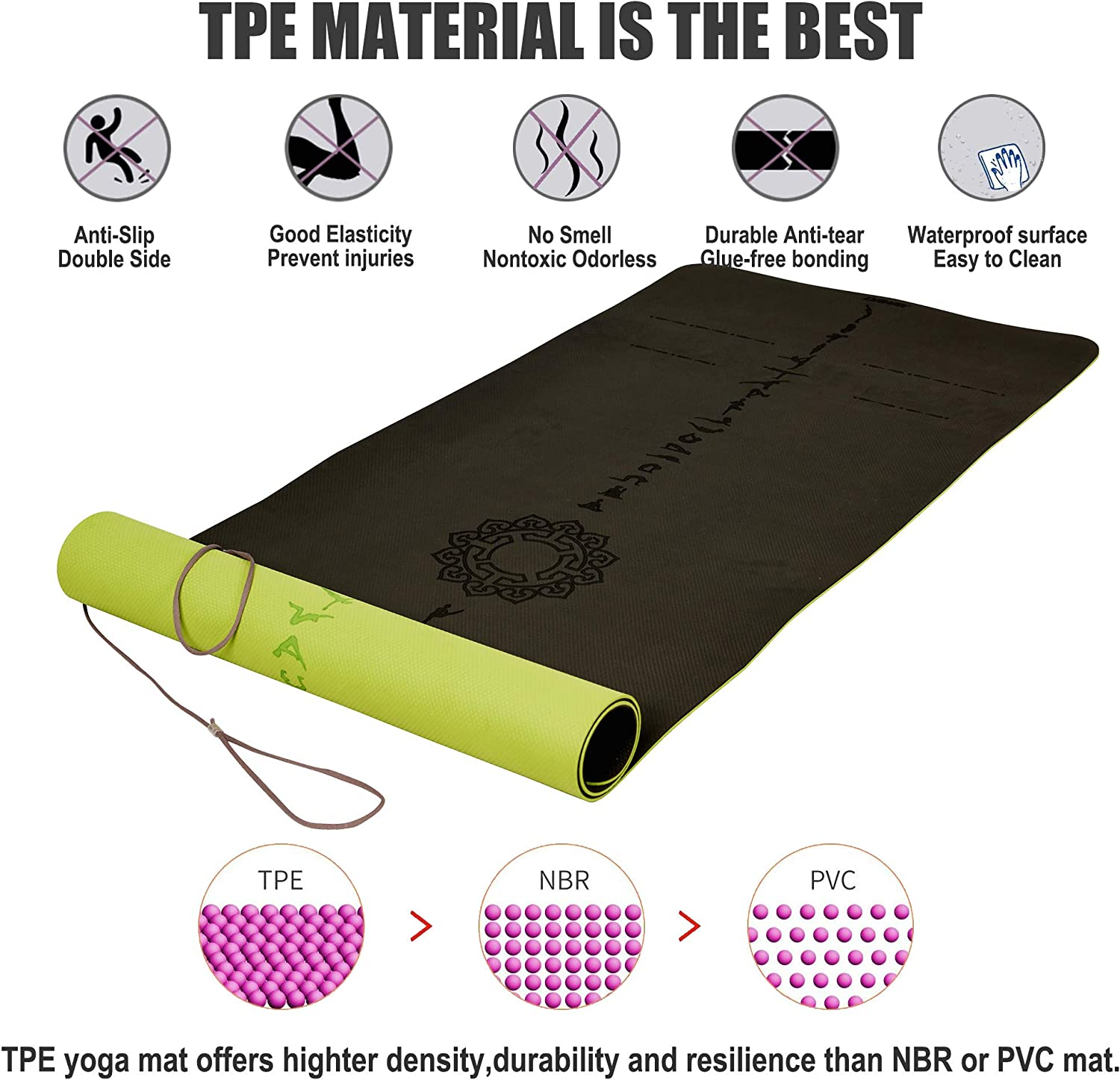 DAWAY Eco Friendly TPE Yoga Mat Y8 Wide Thick Workout Exercise Mat, Non Slip Grip Pilates Mats, Body Alignment System, Tear Resistant, with Carrying Strap, 72"X 26" Thickness 6Mm image number 3