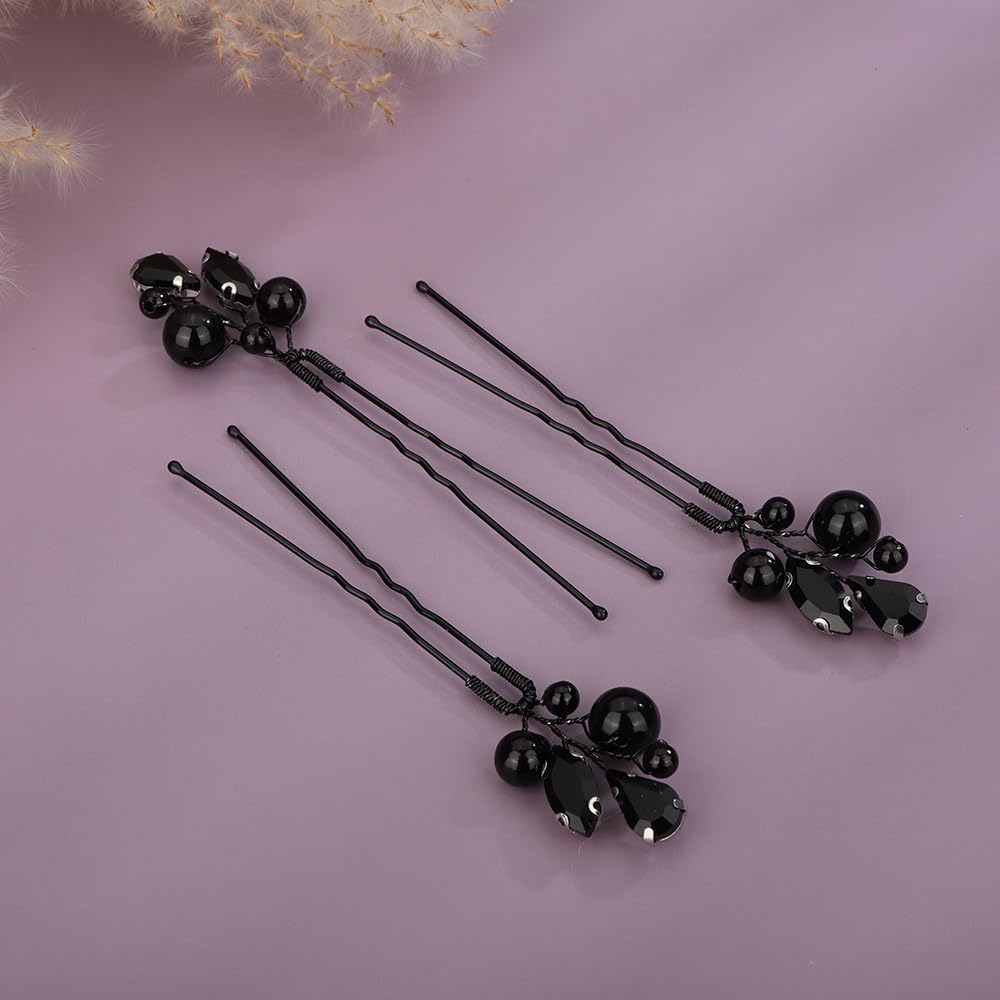 Kercisbeauty 3Pcs Small Cute Black Rhinestones Beads Hair Pins Set for Women Girls Halloween Party Prom Hair Jewelry Wedding Bridal Handmade Hair Piece image number 6