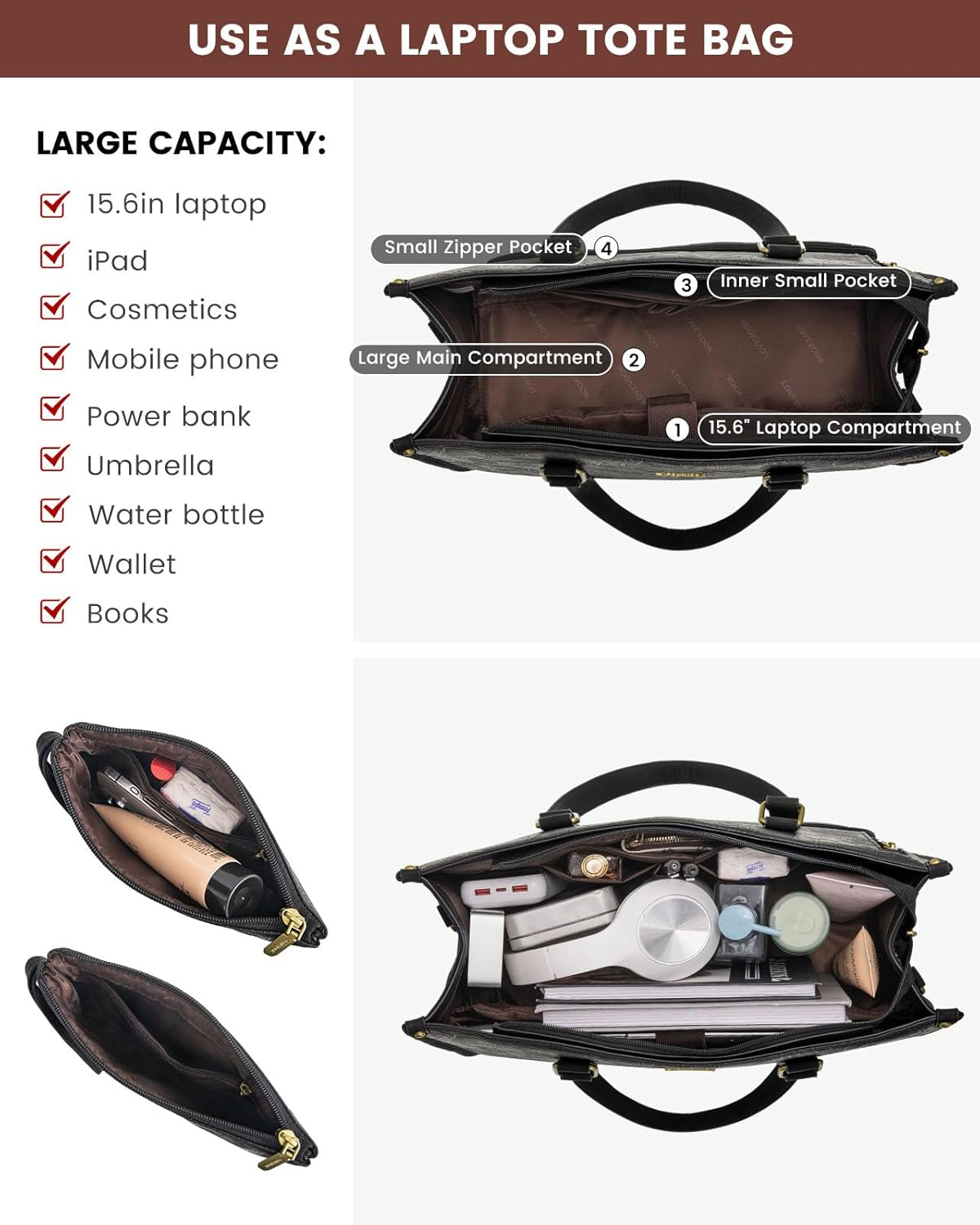 LOVEVOOK Lunch Tote Bag for Women, 15.6 Inch Laptop Bag with Insulated Lunch Compartment, Quilted Large Capacity Computer Handbag with Purse for Business, Work, Collage, Office, Casual, Jet Black image number 5