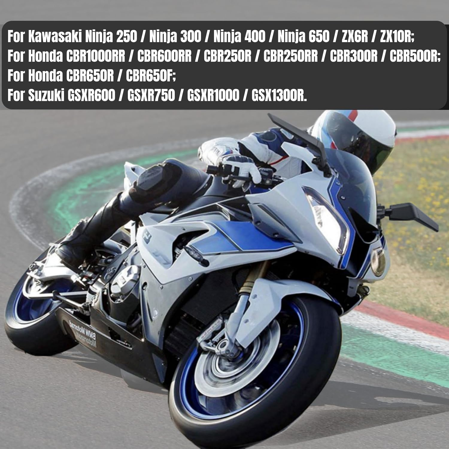 2025 Latest Motorcycle Wing Mirrors Compatible with GSXR 600 750 1000 | CBR300R CBR500R CBR600RR CBR1000RR EX250 EX300 EX400 EX650 ZX6R ZX10R - Adjustable Low Profile & Convex Design - 2 Pack image number 5