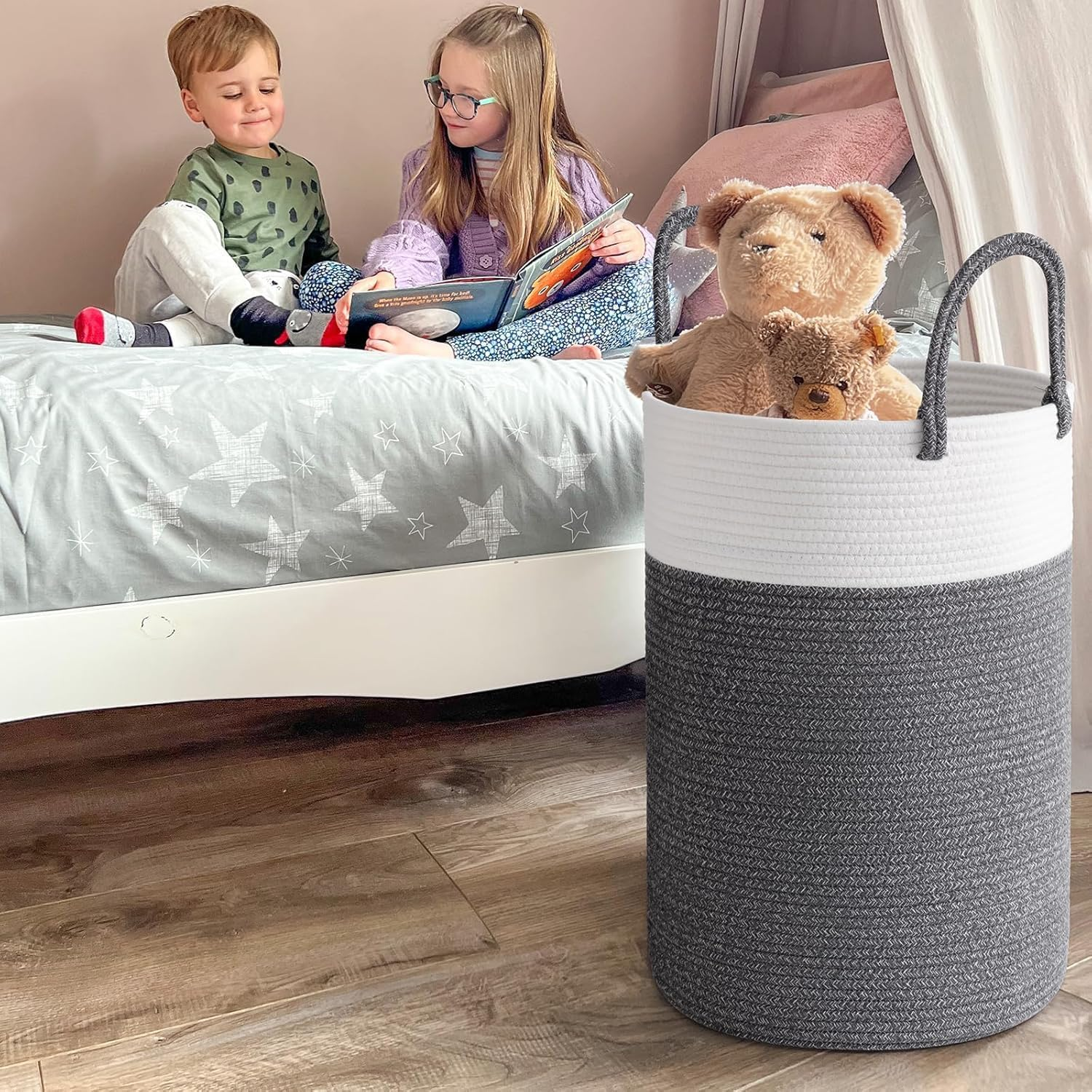 Large Laundry Hamper, Cotton Rope Storage Bin, Tall Woven Laundry Basket for Clothes and Toys, Blanket Storage, Basket for Living Room, Baby Nursery, Bathroom and Bedroom (Grey)
