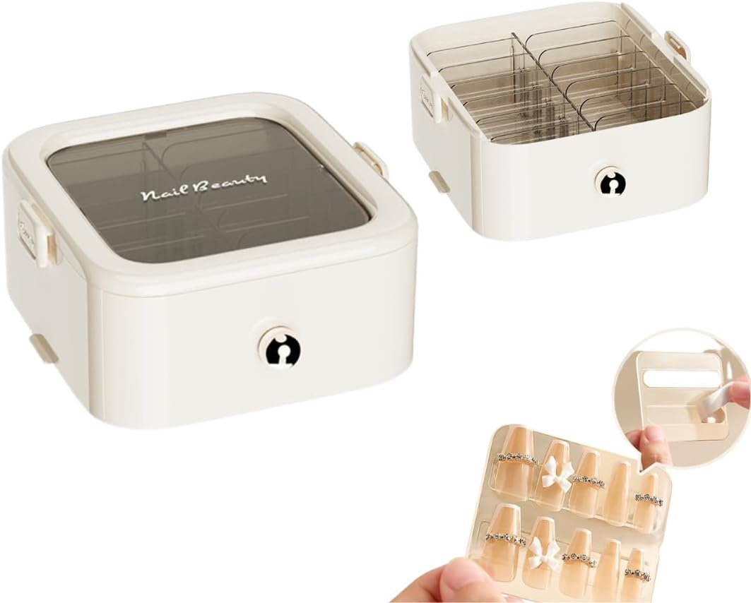 Press on Nail Organizer Box, False Nail Storage Case, Travel Packaging Container with 12/24/36 Pcs Adhesive Double Sided Tape for Nail Art (White, 2 Tier (24 Tapes))
