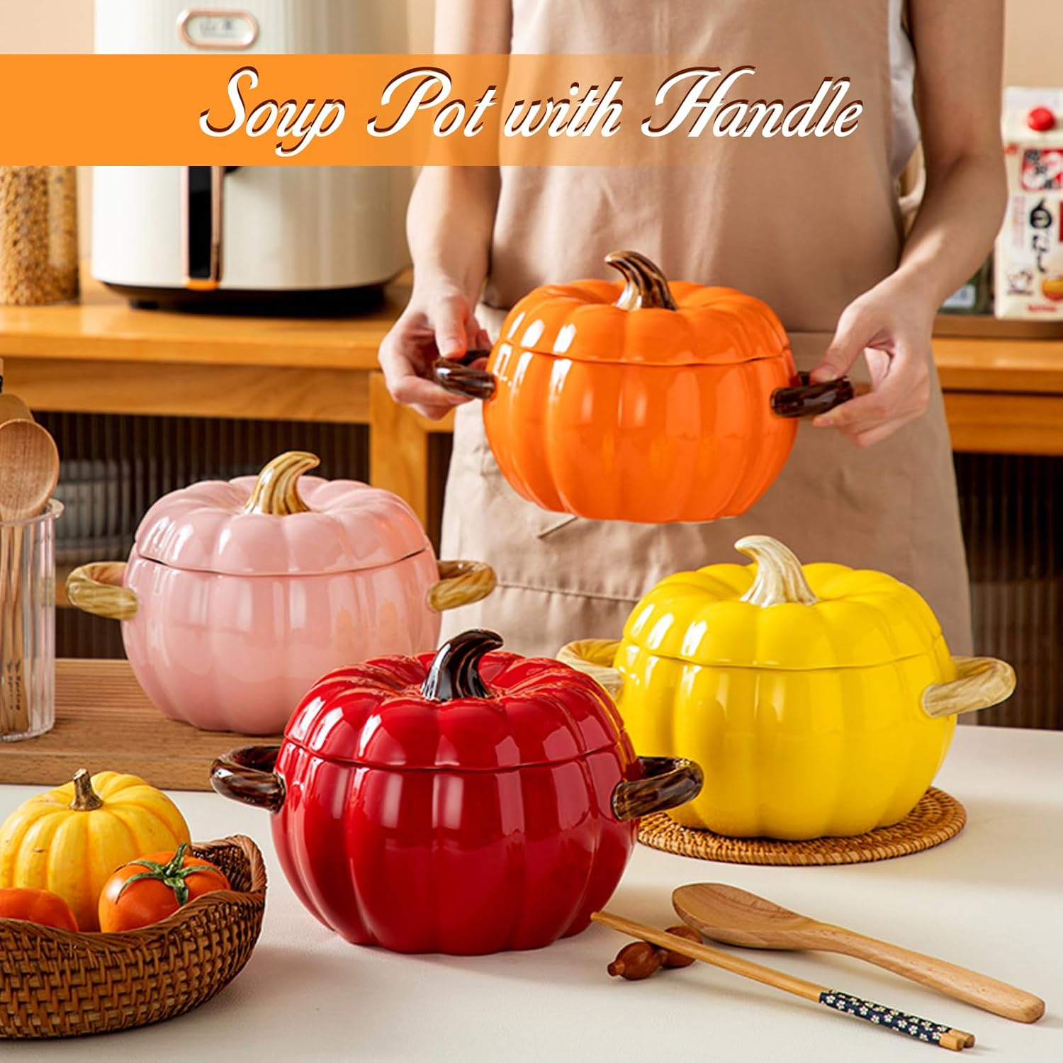 Soup Pot with Lid, 51 Ounce Pottery Dutch Oven, Mini Baking Dish Cute Pumpkin Pot, Ceramic Dessert Saucepan, Double Ear Pumpkin Cookware for Home Thanksgiving Halloween Party (Orange) - Orange image number 6