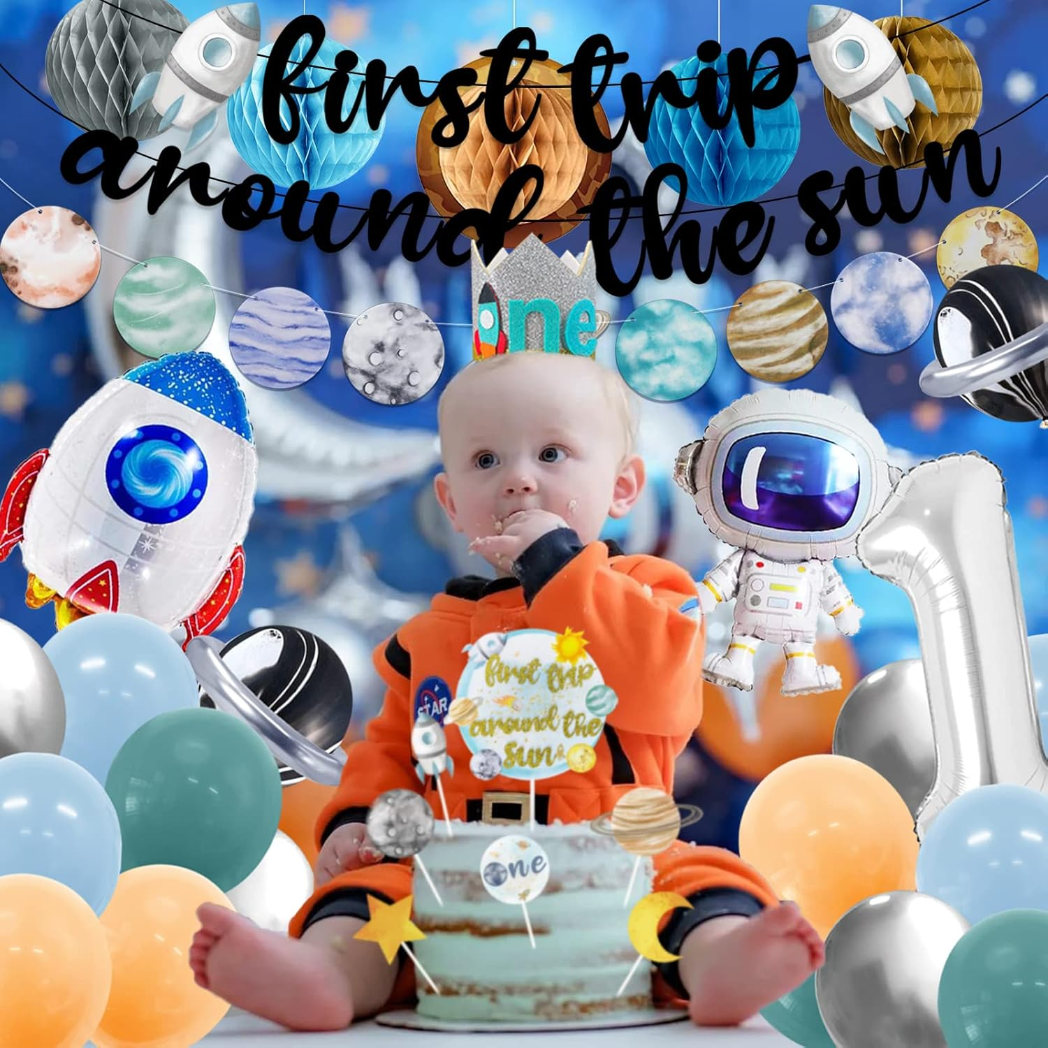 First Trip around the Sun Birthday Party Decoration Pack,1St Baby Shower Birthday Party Supplies(Including Banner, Star Garland, High Chair ONE Banner, Cake Toppers, Latex and Foil Balloons, Felt Hat)