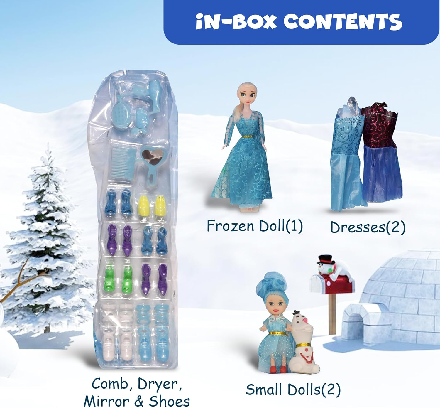 FUNFY FYDFZ001 11" Ice Princess Doll Set | Includes Two Additional Small Dolls | Blue | Material: Plastic | Array of Accessories Including Dresses, Shoes, Comb and Mirror for Extended Play | for Girls image number 5