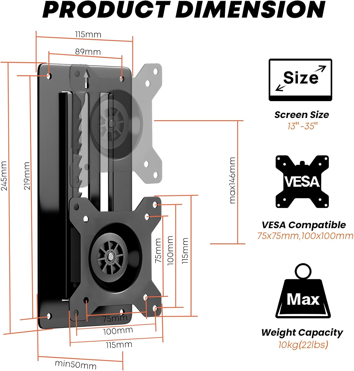 Height Adjustable Monitor Wall Mount Bracket for Most 13-35 Inch Screens,Full Motion&Ultra Slim Single Monitor Mount with VESA 75X75/100X100Mm up to 22Lbs,Black image number 4