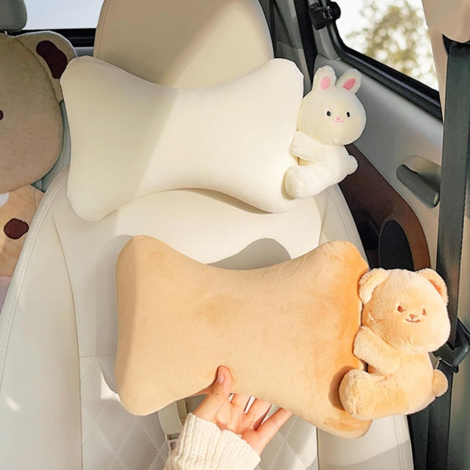 Car Headrest Pillow 2PCS Plush Bear ＆ Bunny Car Seat Headrest Pillow - Memory Foam Neck Support Cushions for Comfortable Driving, Easy Install & Washable (Pink)