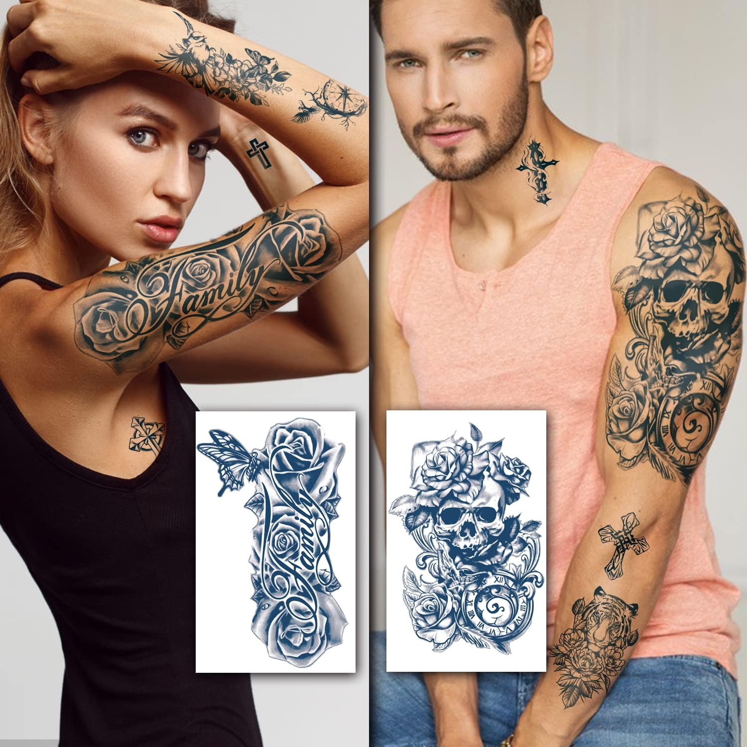 18 Sheets of Semi-Permanent Tattoos for Women, 4 Sheets of Large Flowers, Dark Blue Fake Tattoos and 14 Sheets of Small Tattoos for 1-2 Weeks, Waterproof Temporary Tattoo image number 4
