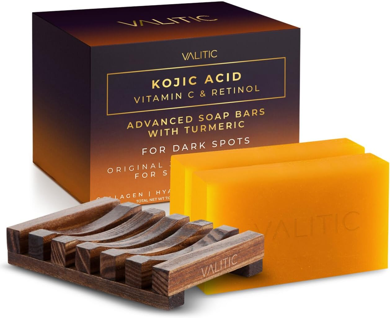 VALITIC Kojic Acid Vitamin C and Retinol Soap Bars with Turmeric for Dark Spot - Original Japanese Complex with Collagen, Hyaluronic Acid, Vitamin E (2-Pack) - with Soap Holder image number 1