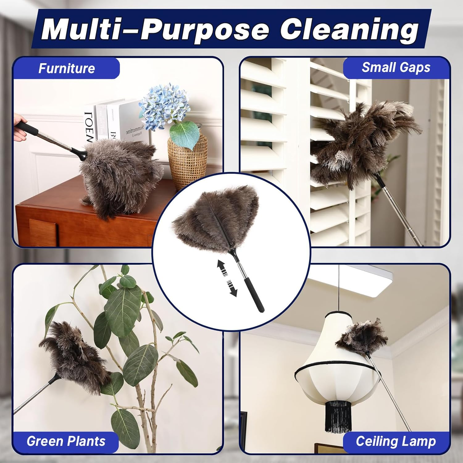 Tzylomirx Extendable Ostrich Feather Duster - 40 Inches Fluffy Long Handle Reusable Feather Duster for Cleaning Ceiling Fan, Pendant Lamp, High Ceiling, Blinds, and All Kinds of Furniture image number 5