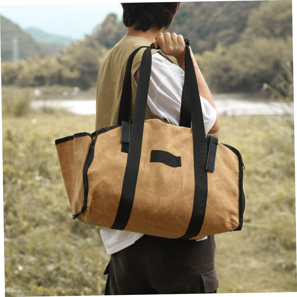 Firewood Holder Wood Carrier Tote Bag with Double Handles Large Capacity Canvas Log Holder for Camping Fire Pit Outdoor Use Khaki