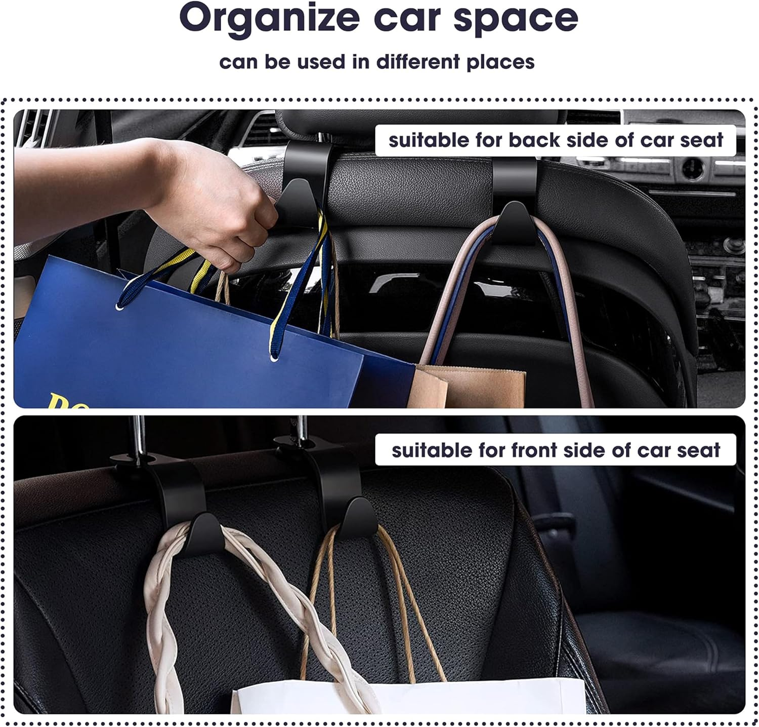 Heatunk 4-Pack Heavy-Duty Car Seat Headrest Hooks - Space-Saving Black Purse and Bag Holders for Vehicles