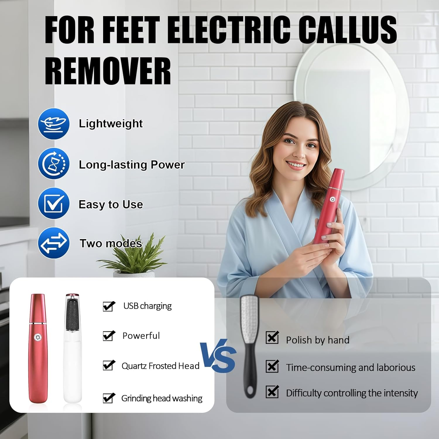 Electric Callus Remover Professional Set with 360&deg; Rotating Roller and Waterproof Design - Foot Scraper for Hard Skin, Cracked Heels and Callus Removal, Red