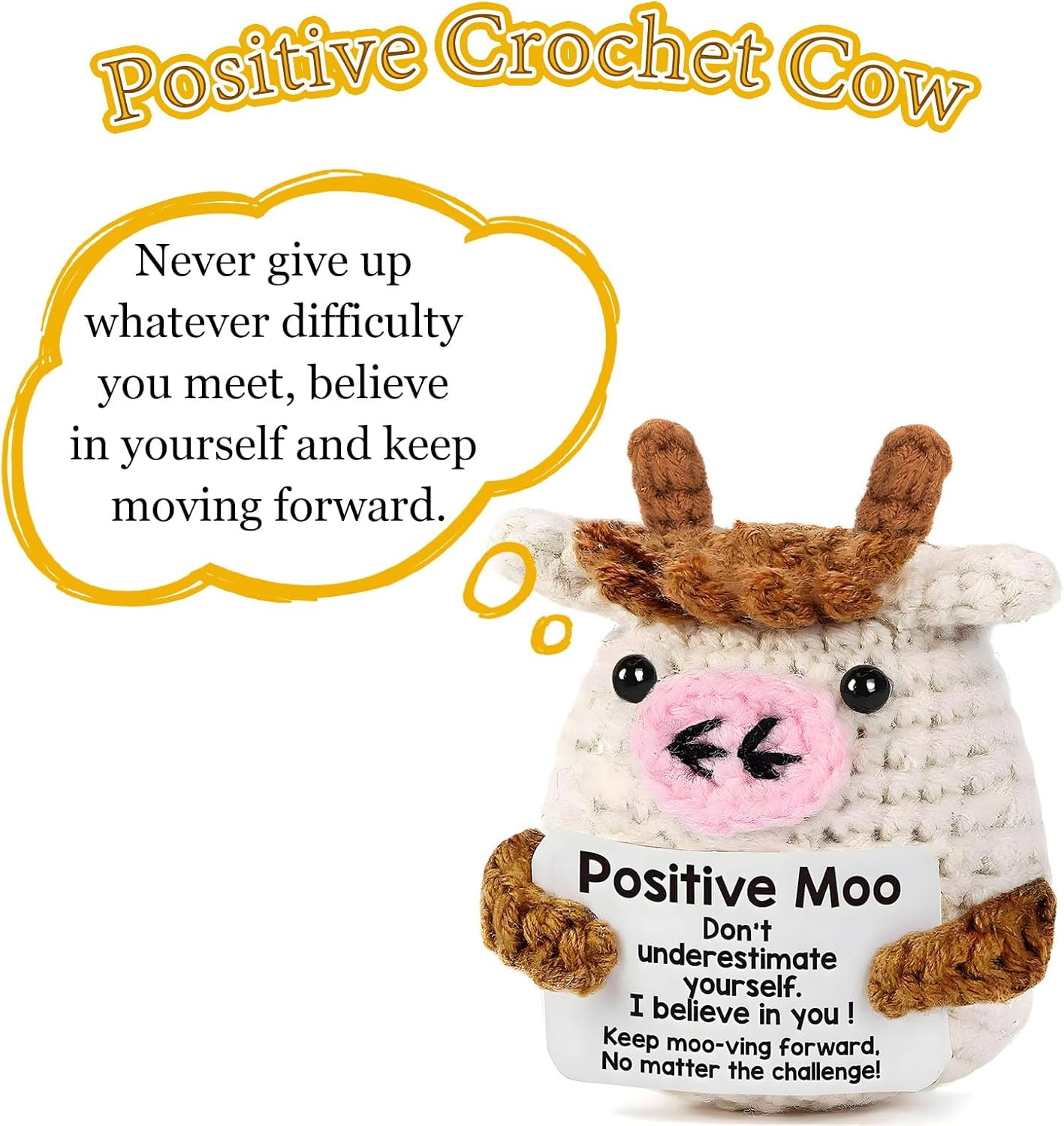 ZCOINS Emotional Support Positive Crochet Cow, Small Positive Crochet Plush Cow Gift, Mini Motivational Plush Animal with Encouraging Message for Friend Birthday, Samll Inspirational Funny Desk Decor