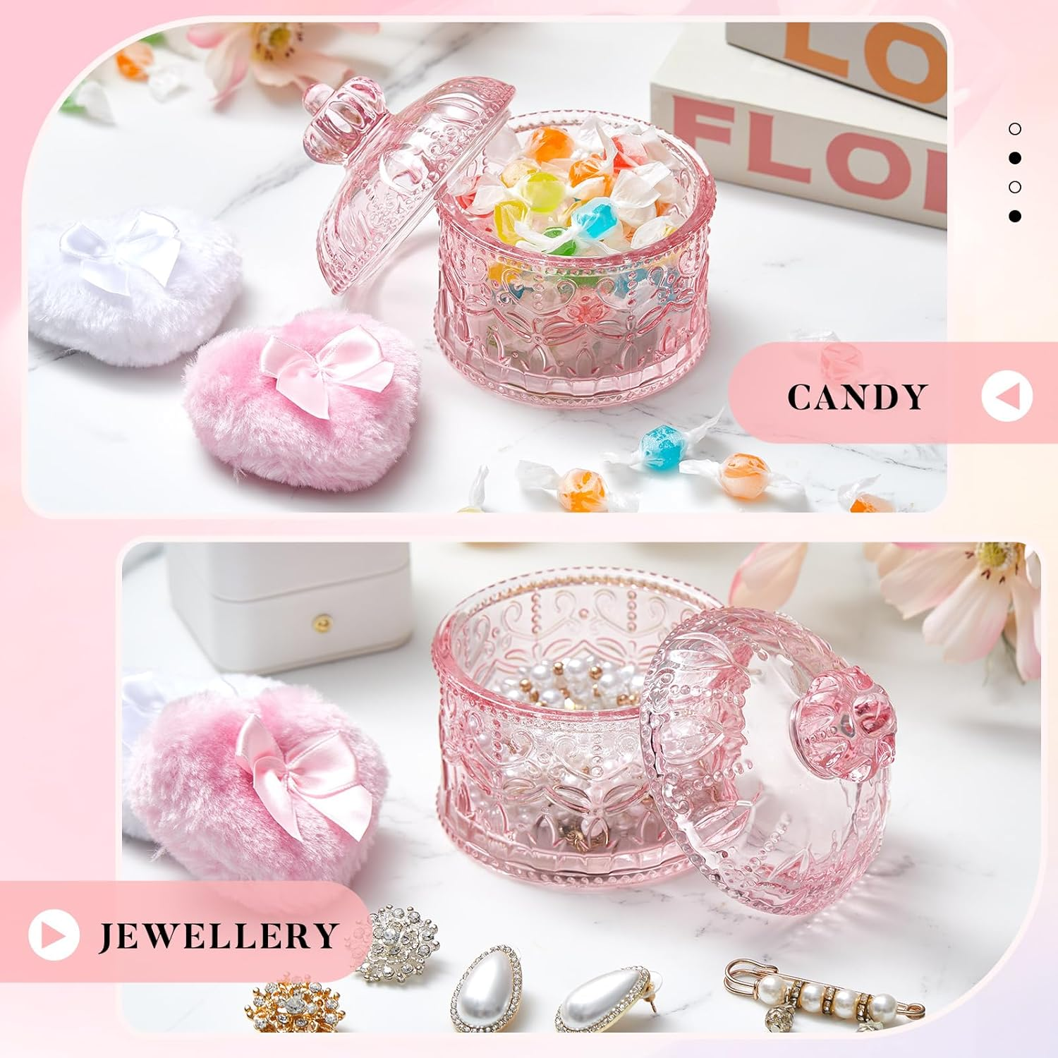 Tioncy 3 Pcs Large Body Powder Puff and Container Powder Container with Puff Powder Puff Crystal Container Soft Washable Reusable Velour Face Body Glitter Powder Puff Wet Dry Makeup(Pink, Crown)