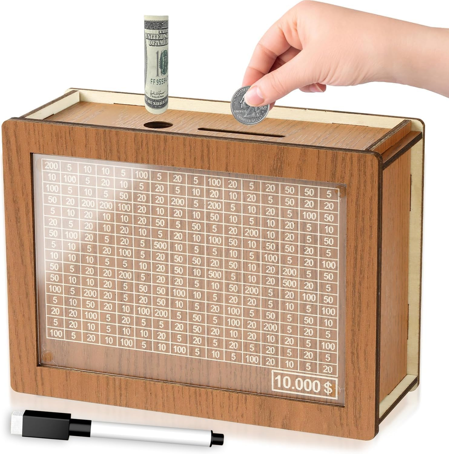 10000 Savings Challenge Box, Cashbox Kakeibo Money Box, Cash Vault Wooden Savings Box 10,000 Dollar, Wooden Digital Piggy Bank for Adults Kids, Money save Box 10K with Erasable Pen, Money Saver image number 4