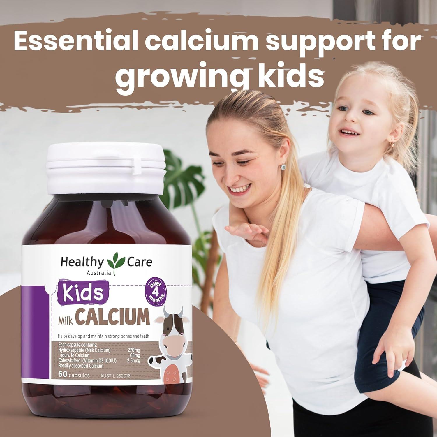 Healthy Care Milk Calcium Capsules for Kids - Supports Strong Bone and Teeth - Premium Dietary Supplement - All-Natural Ingredients - 60 Capsules image number 6