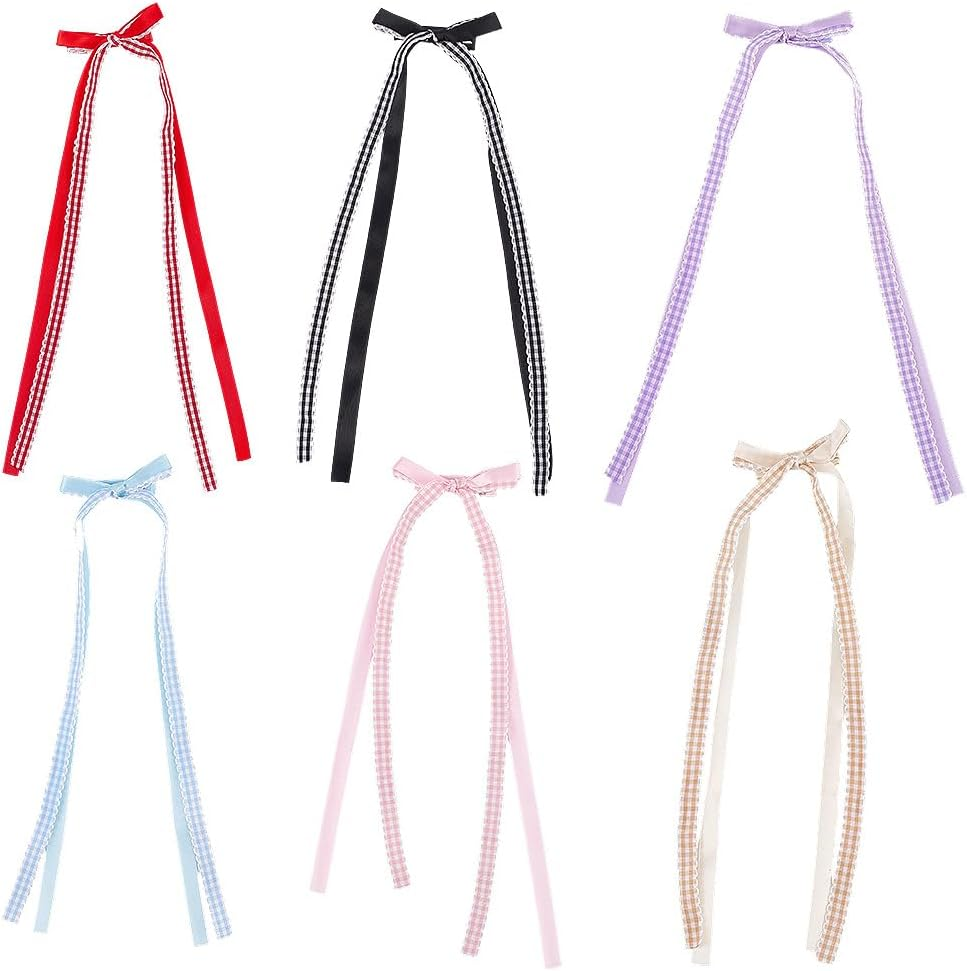 CABODYALS 6Pcs 6 Colorus Bowknots Hair Alligator Clips with Long Tails Plaid Bows Ponytail Holder Slides French Barrette Cute Tassels Sweet Ribbon Clip for Women Head Decorations Styling Accessories image number 6
