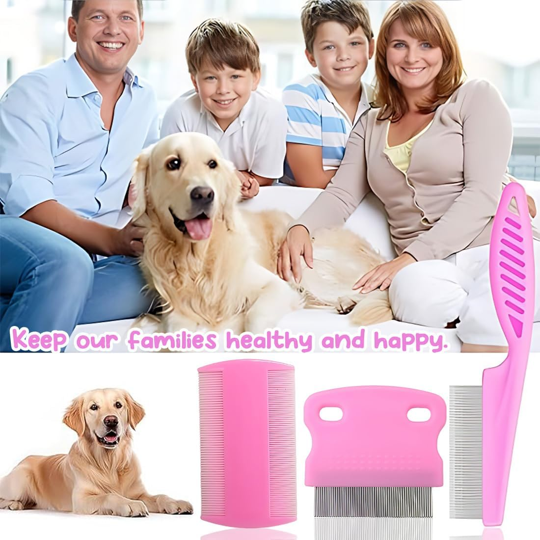 Pack of 3 Lice Comb, Flea Comb, Lice Comb, Metal Teeth Lice Comb, Plastic Double-Sided Nit Comb, Multifunctional for Dogs Cats (Pink) image number 5