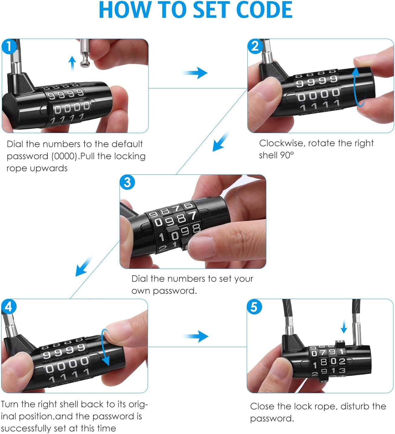 AMIR 4 Digit Combination Padlock, 6.9 Inch Long Shackle Padlock with Steel Cable Rope, Waterproof Cable Lock with Resettable Code, Outdoor Long Padlock for Gym Locker, Hasp Cabinet-2Pcs image number 5