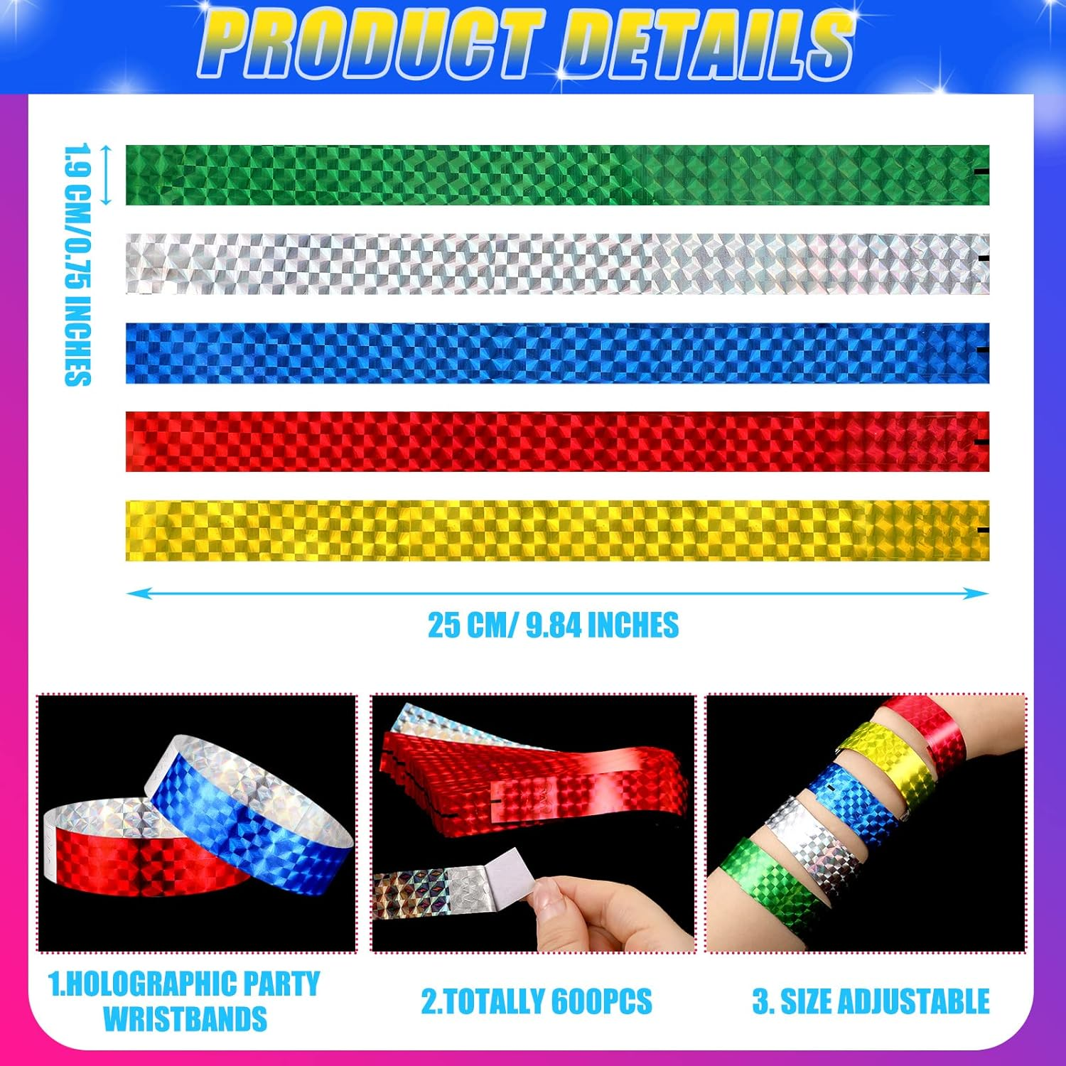 500 Pack Holographic Party Wristbands Assorted Colored Wristbands with Buckle Wristbands for Events Paper Wristbands Paper Bracelets Wristbands for Events Club Party (Gold, Red, Silver, Blue, Green) - Silver image number 4