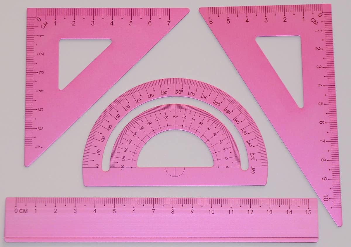 4 Pcs Aluminium Geometry Kit Bright Pink Color Includes Protractor, 2 Triangle Rulers, and 15Cm Ruler, Geometry Set for Kids, Home and School Tooles, Student Math Supplies image number 1
