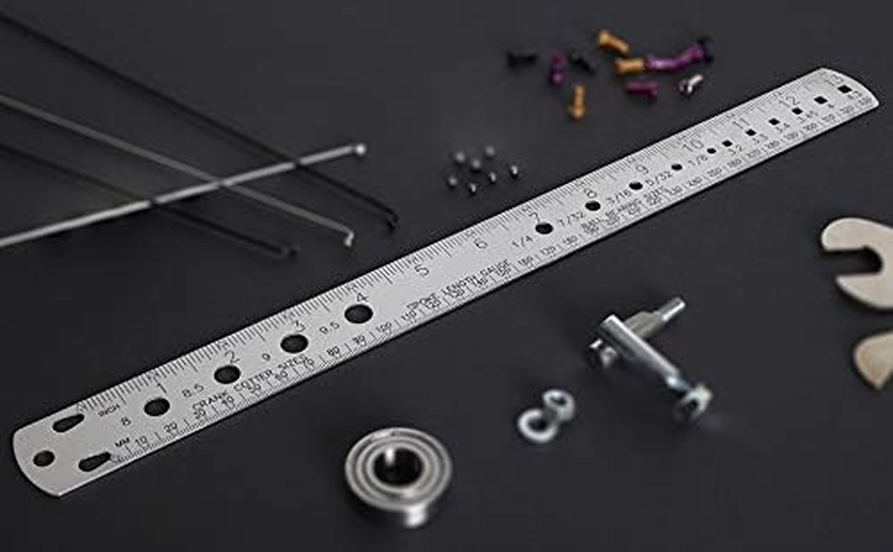 BIKEHAND Bike Bicycle Crank Cotter Pin/Ball Bearing/Spoke Length/Nipple Size Measuring Double Sided Metric Imperial Stainless Steel Ruler Gauge Tool 13Inch / 330Mm image number 1