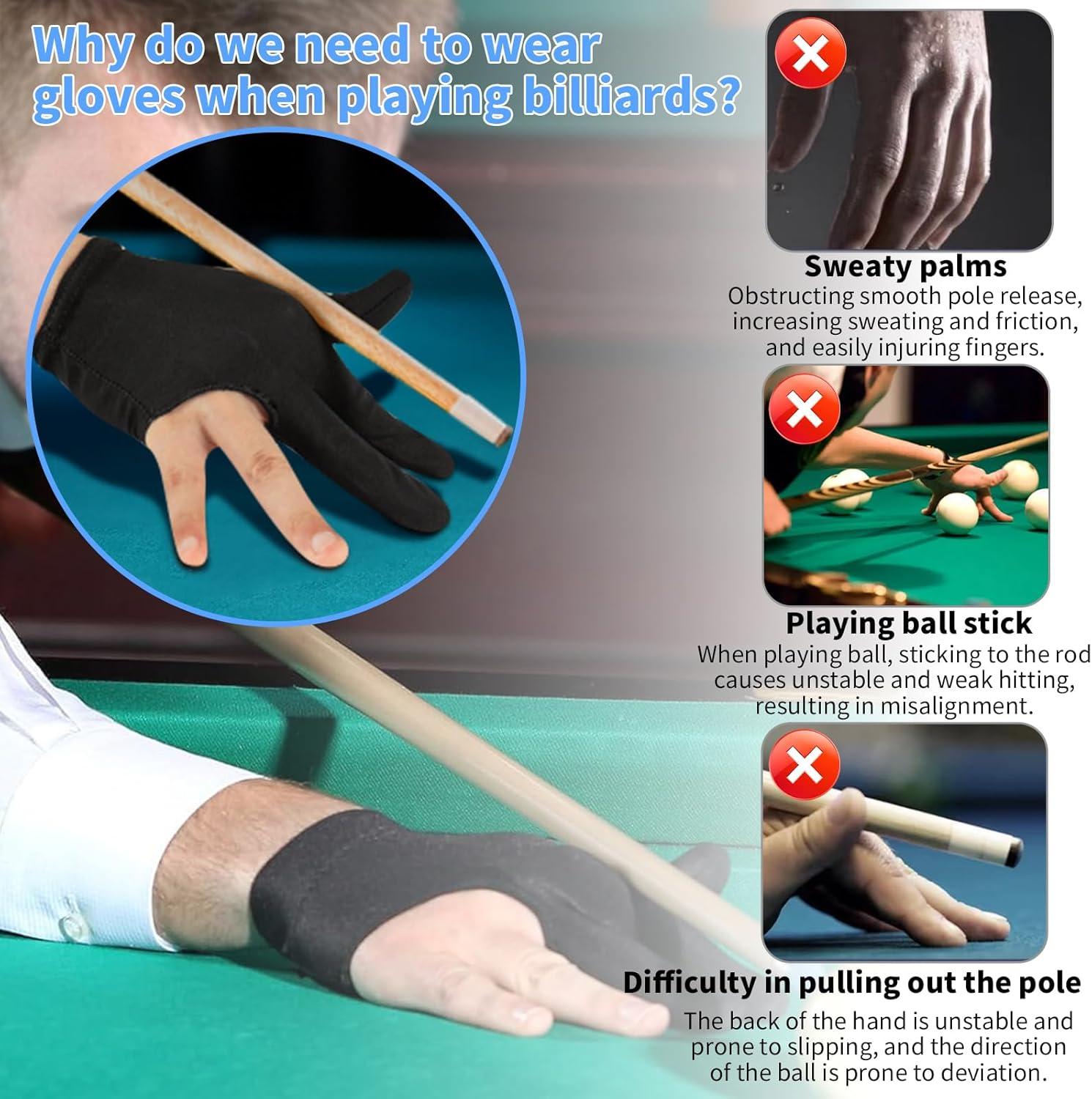 10 PCS Billiard Gloves Set, Snooker Pool Cue Shooter Sport Gloves, Three-Finger Half Glove for Men & Women, Breathable & Smooth Grip, Premium Billiard Gloves for Professional & Amateur Players image number 4