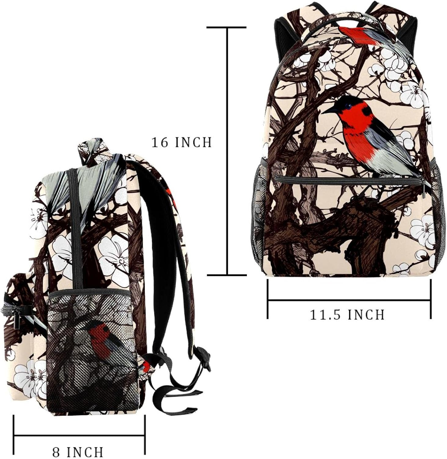 Little Imaginary Red Bird in a Cherry Blossoms Backpack Students Shoulder Bags Travel Bag College School Tote Backpacks