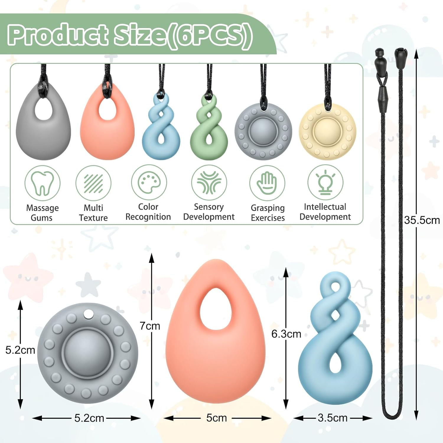 Chewy Necklaces for Sensory Kids, 6 Pack Chew Necklaces for Sensory Boys and Girls with Autism, ADHD, SPD, Chewing, Biting, Silicone Oral Chew Toys image number 1