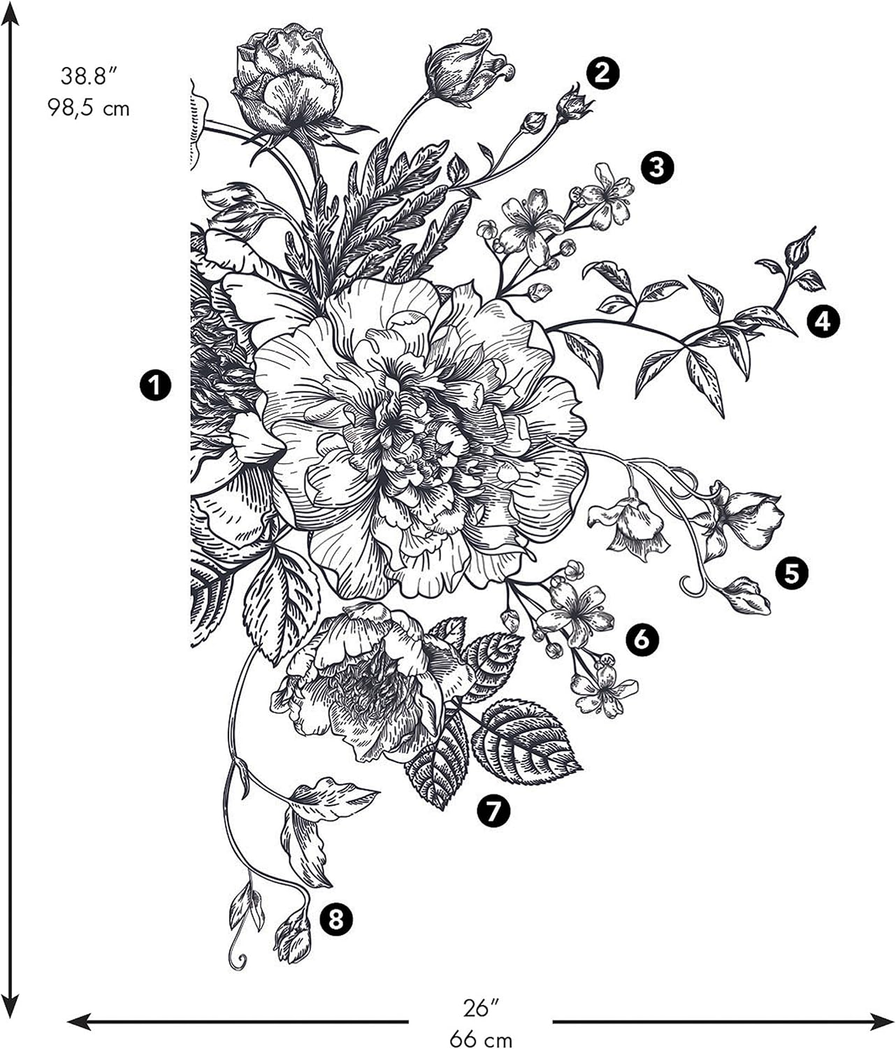 Roommates RMK3865GM Wall Sticker, Black/White, Peel and Stick Peony, Large, 39.0 X 26.0 Inches (99 X 66 Cm), Black and White - Blue, Gray, White image number 4