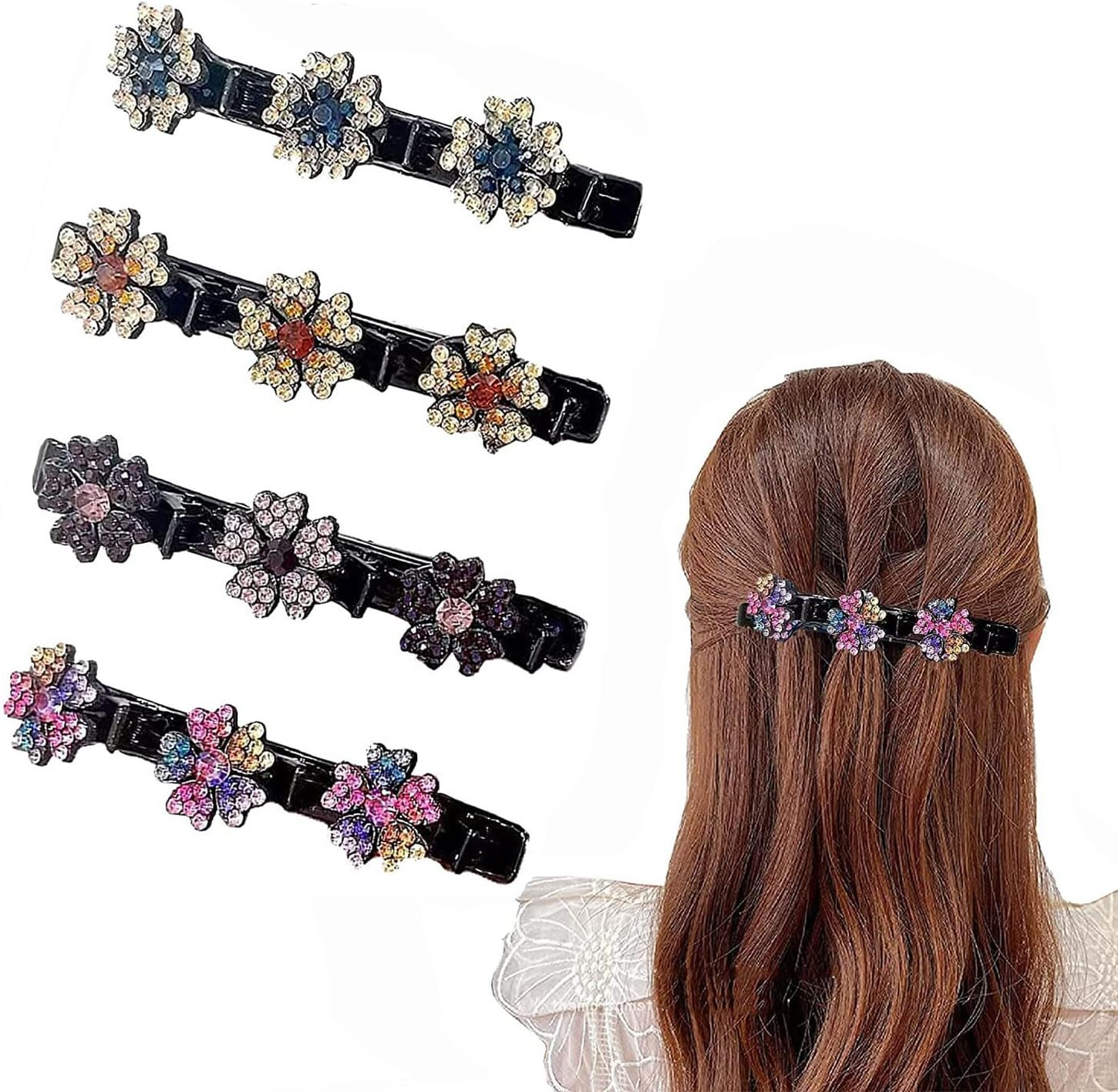Pack of 4 Women'S Hair Clips, Crystal Hair Clips, Braided Rhinestone Hair Clips, Double Layer Hair Clips with 3 Small Clips for Women and Girls, Daily, Party, Wedding (Colour3) image number 5