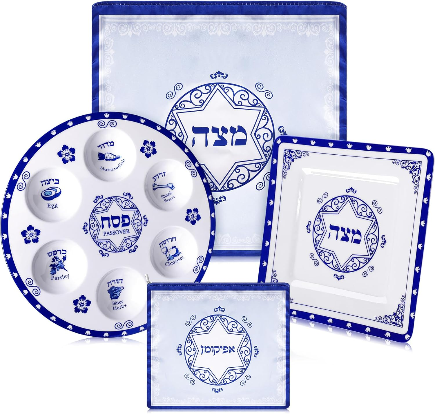 Foldtier 4 Pcs Passover Seder Plate Set Includes round 12 Inch Renaissance Seder Plate, 8 Inch Square Matzo Tray, 3 Pocket Silk Matzo Cover, Zipper Afikoman Bag for Pesach Decoration Dinnerware image number 2