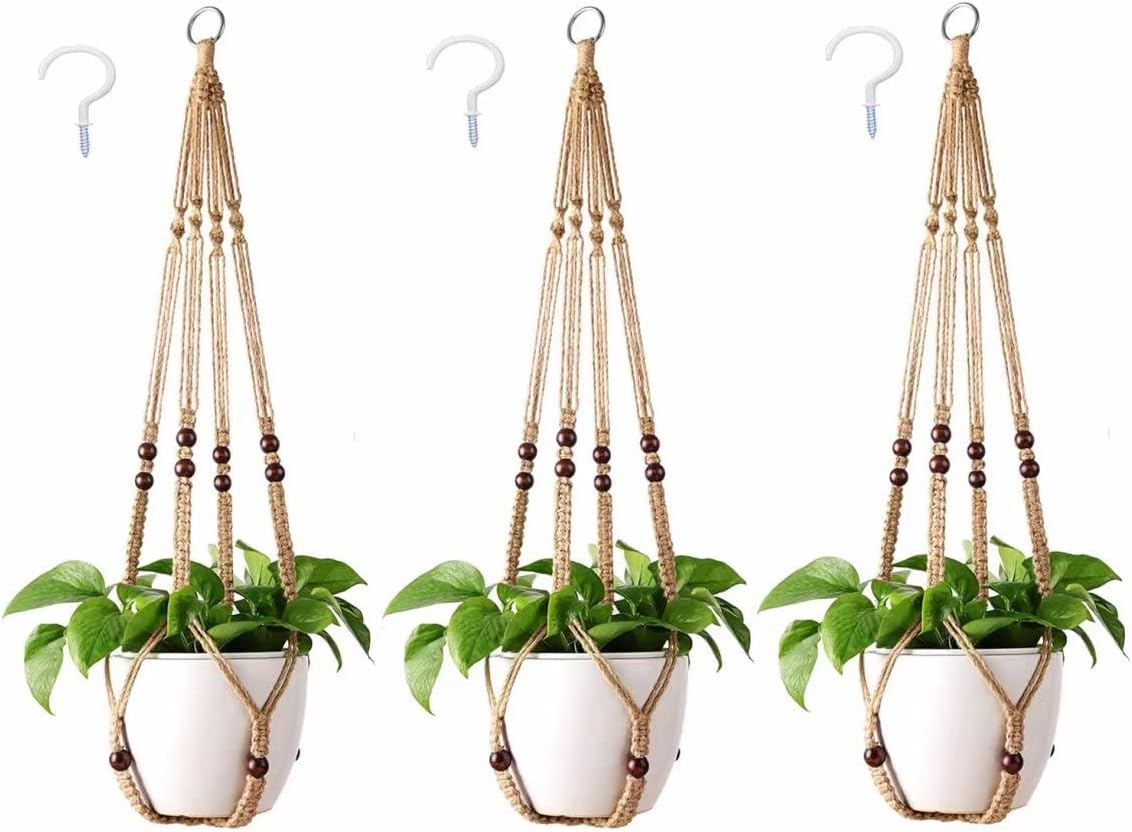 Macrame Plant Hanger Indoor & Outdoor Wall Hanging Planter + 2 Hooks Hanging Planters Basket Cotton Rope 4 Legs 35 Inch Used for Herbs Ferns Ivy Crawling Plants Hanging Planters(Lvory)