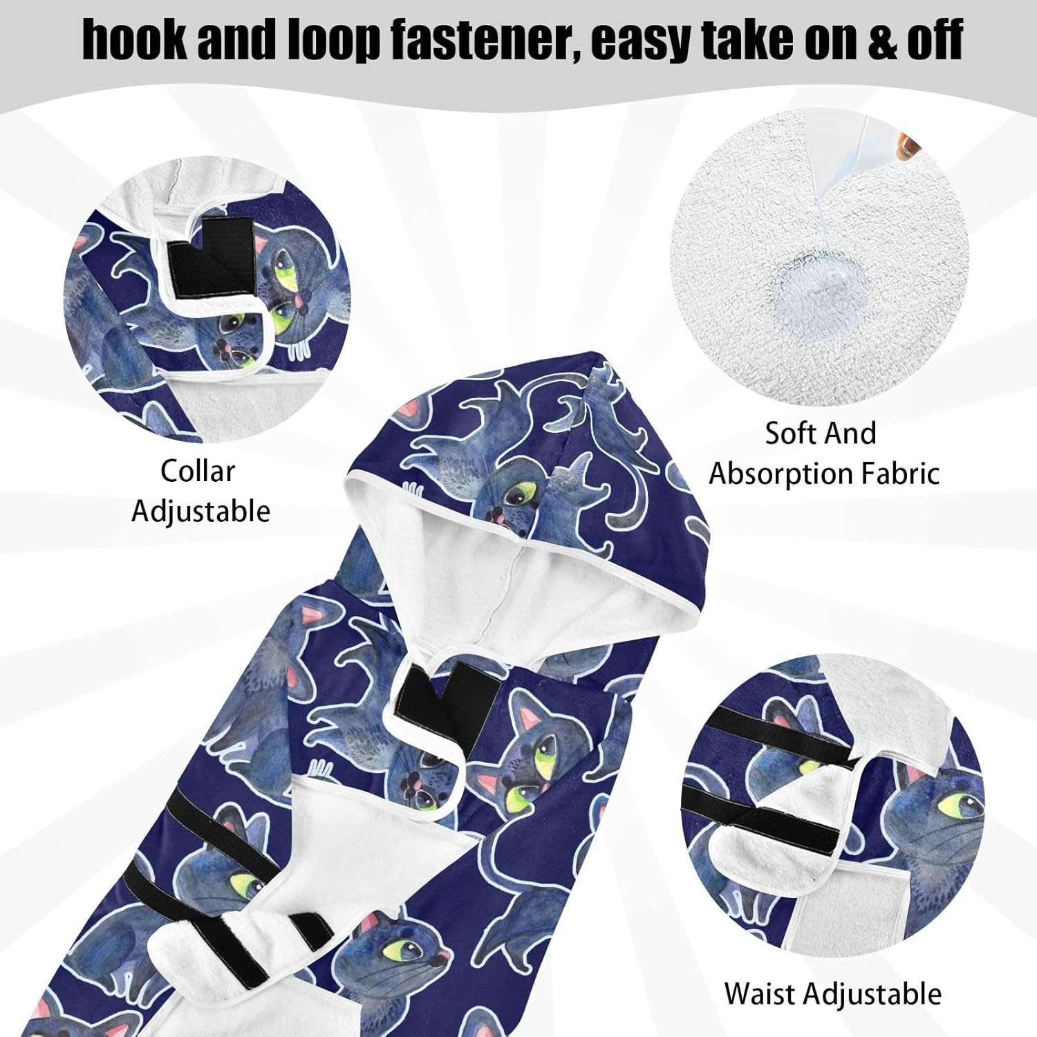AIXIWAWA Cartoon Cute Cat Pet Bathrobe Towels with Adjustable Collar & Waist, Quick Absorbent Drying Coat for Cats and Dogs image number 5